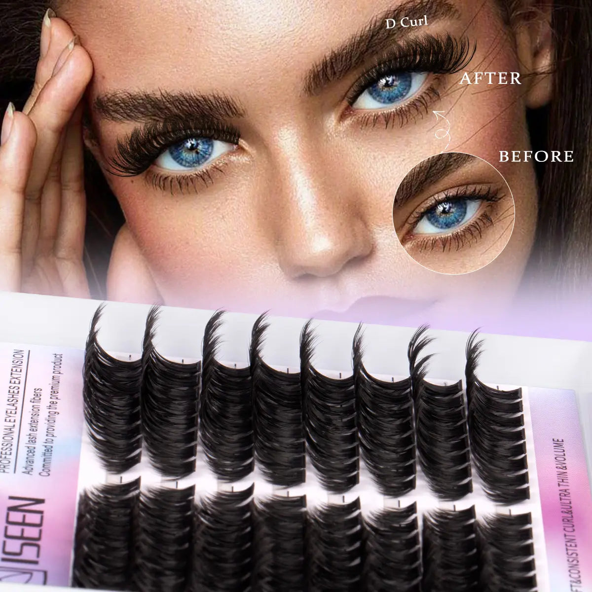 Eyelash Cluster Kit, D Curl Volume Cluster Lashes, Fluffy Eyelash Clusters, Dense Long Curled DIY Lash Extension Set, Multiple Lengths, Includes Bond & Seal, Lash Remover, Tweezers & Brush