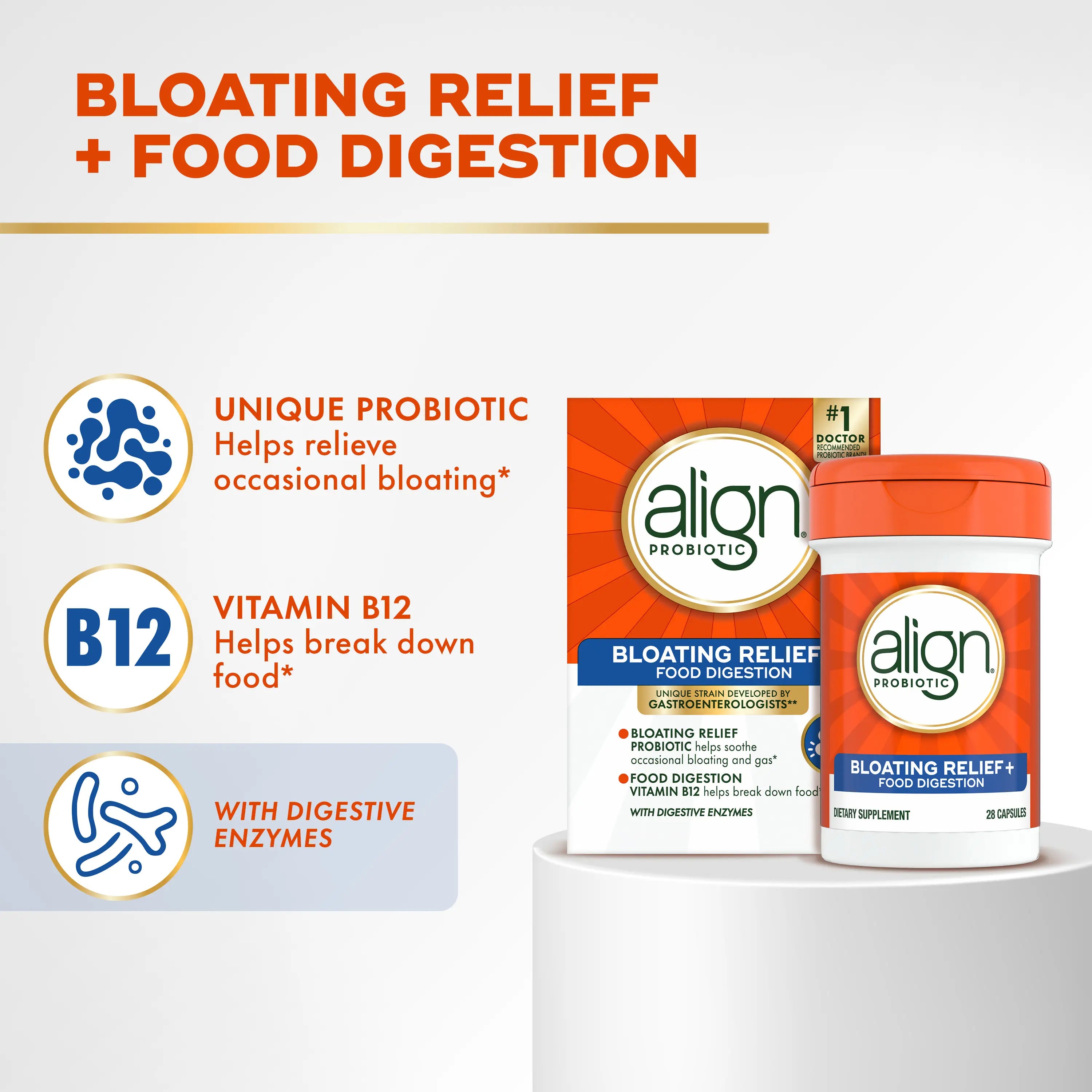Align Probiotic Bloating Relief + Food Digestion, Probiotics for Women and Men, 28 Capsules
