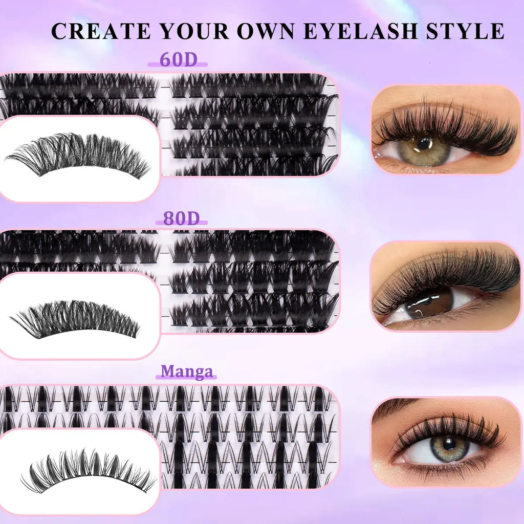 Eyelash Cluster Kit, D Curl Volume Cluster Lashes, Fluffy Eyelash Clusters, Dense Long Curled DIY Lash Extension Set, Multiple Lengths, Includes Bond & Seal, Lash Remover, Tweezers & Brush