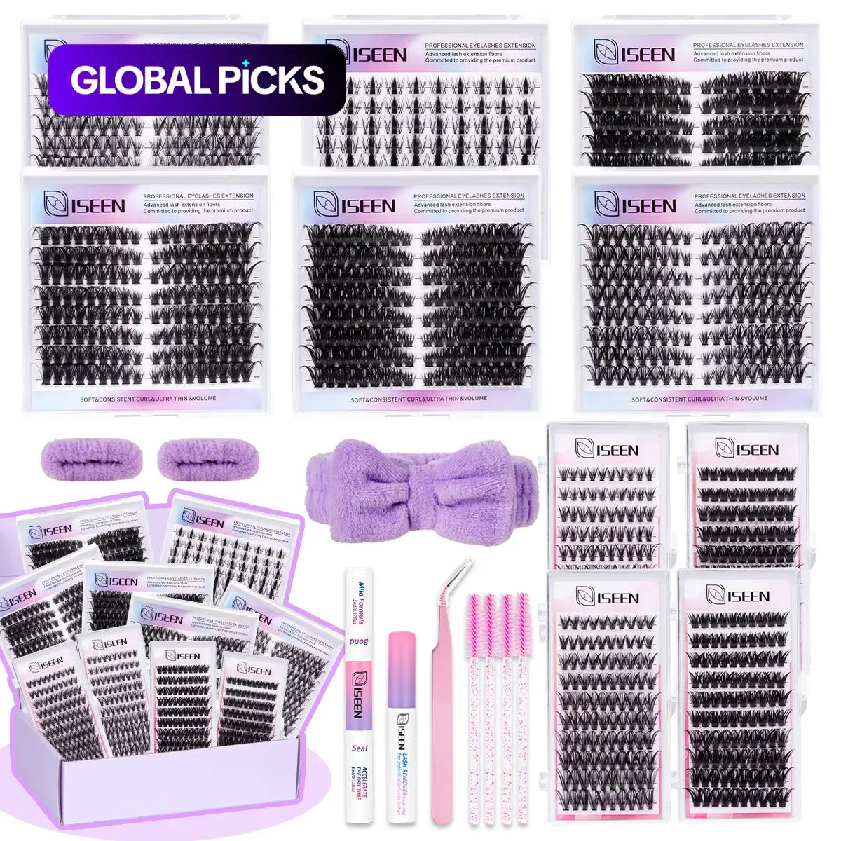 Eyelash Cluster Kit, D Curl Volume Cluster Lashes, Fluffy Eyelash Clusters, Dense Long Curled DIY Lash Extension Set, Multiple Lengths, Includes Bond & Seal, Lash Remover, Tweezers & Brush
