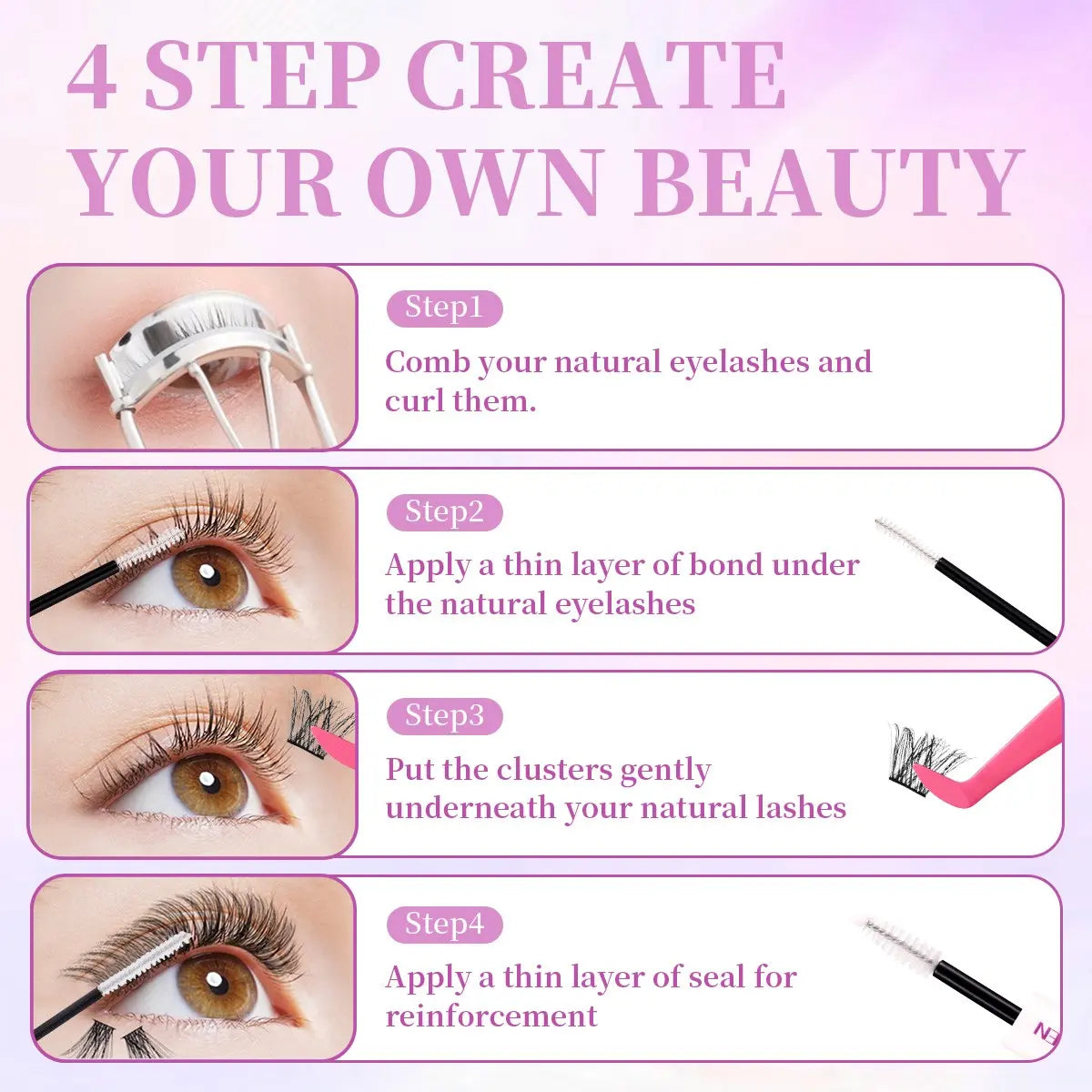 Eyelash Cluster Kit, D Curl Volume Cluster Lashes, Fluffy Eyelash Clusters, Dense Long Curled DIY Lash Extension Set, Multiple Lengths, Includes Bond & Seal, Lash Remover, Tweezers & Brush