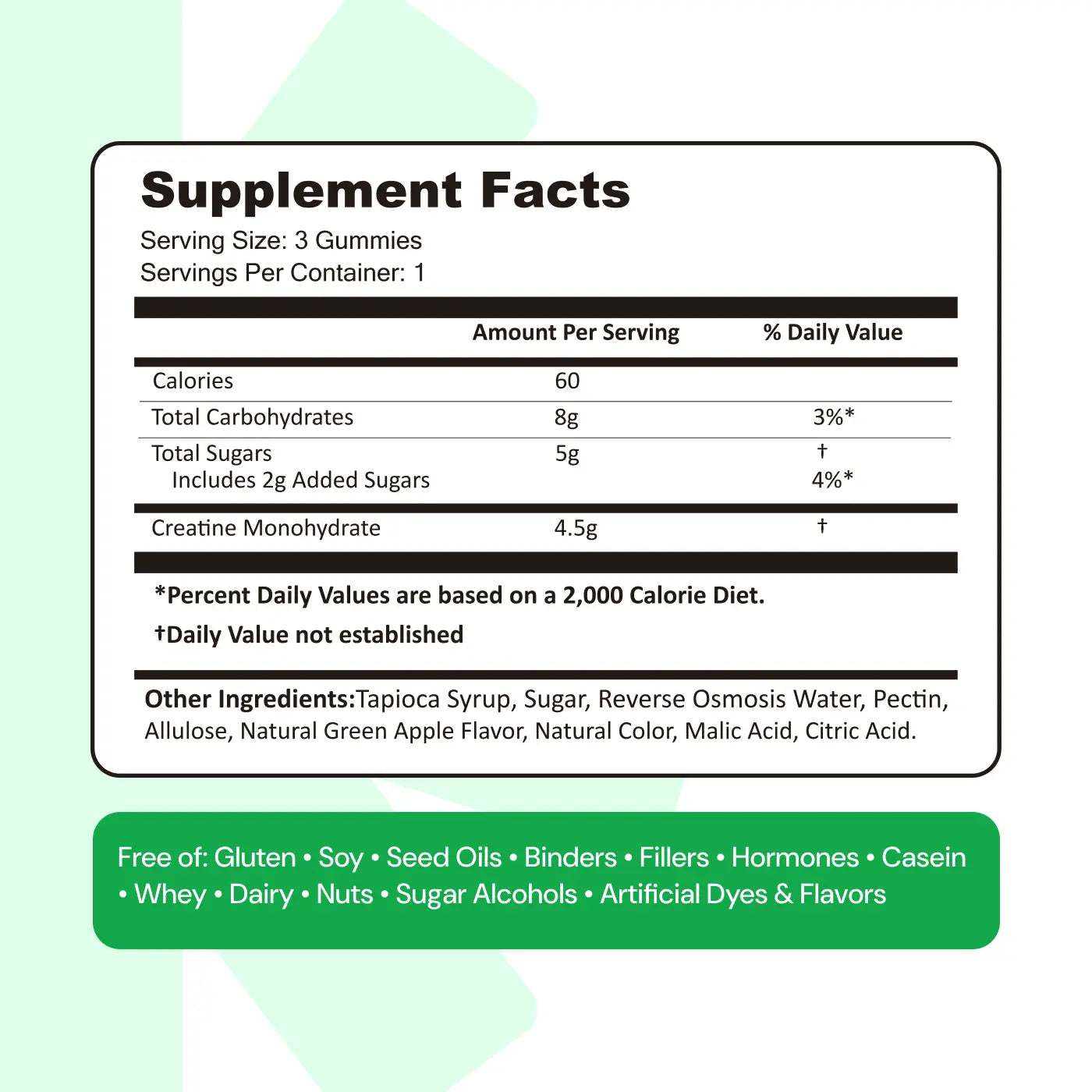 Sour Green Apple Creatine Monohydrate Gummies - 45 Count Daily Supplement Natural Supplements