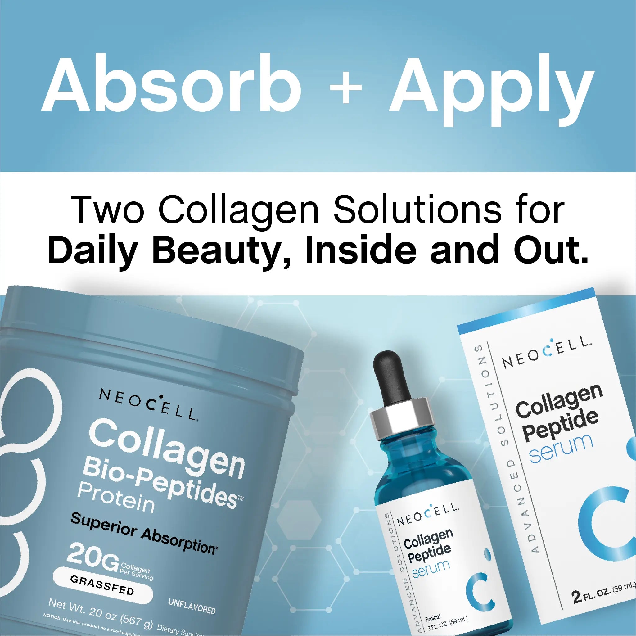 Inside & Out Collagen Bundle: Neocell Collagen Bio-Peptides Powder 20Oz & Collagen Peptides Serum