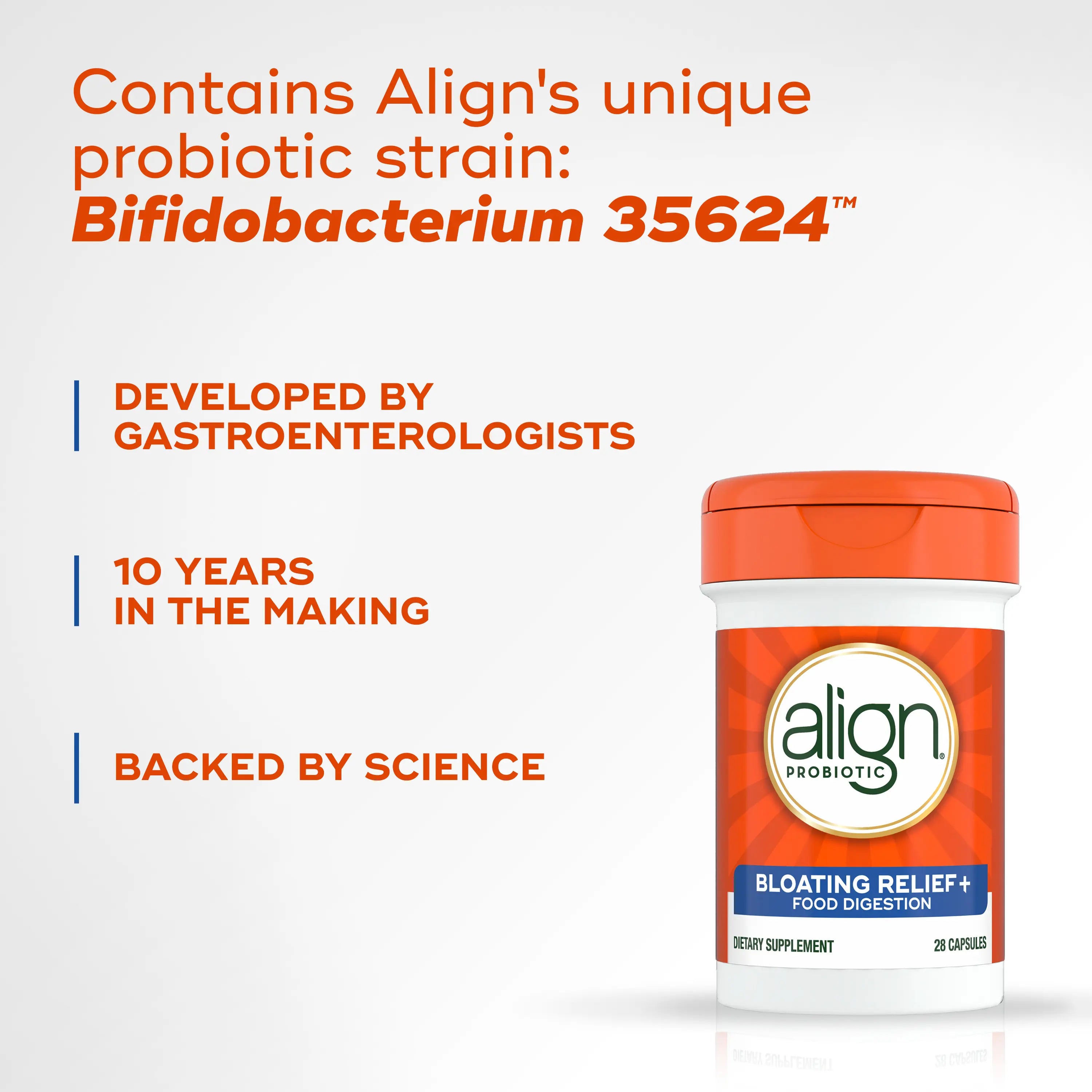 Align Probiotic Bloating Relief + Food Digestion, Probiotics for Women and Men, 28 Capsules